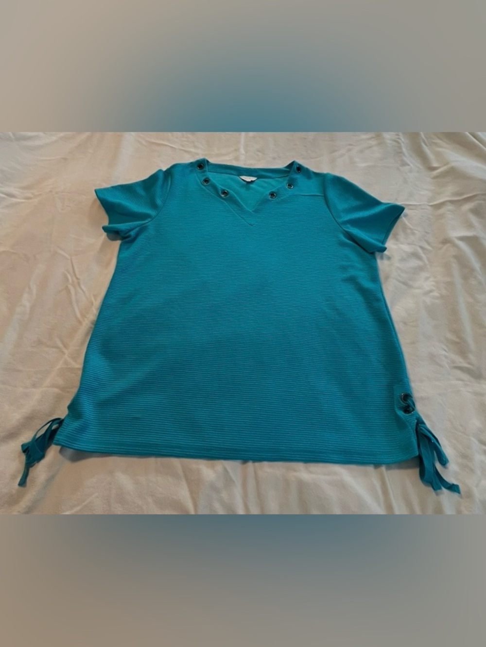 Women’s Coral Bay Teal Short Sleeve Grommet V-Neck Top Side Ties Size 1X EUC